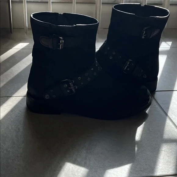 Vintage Foundry Co. “Miriam” Black Suede Buckle Ankle Moto / Combat Boots - Picture 1 of 8